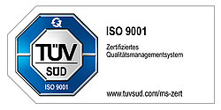 TÜV ISO 9001 grau-blaues Siegel mit der Beschriftung „TÜV Süd - ISO 9001“