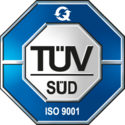 grau blaues Siegel mit der Beschriftung „TÜV Süd - ISO 9001“
